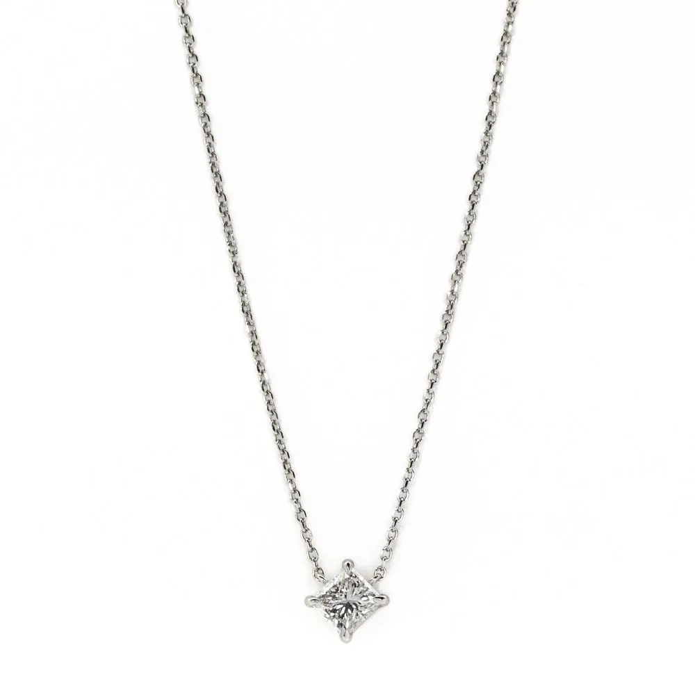 0.71ct Princess Cut Diamond Solitaire 16" Necklace in 14K White Gold