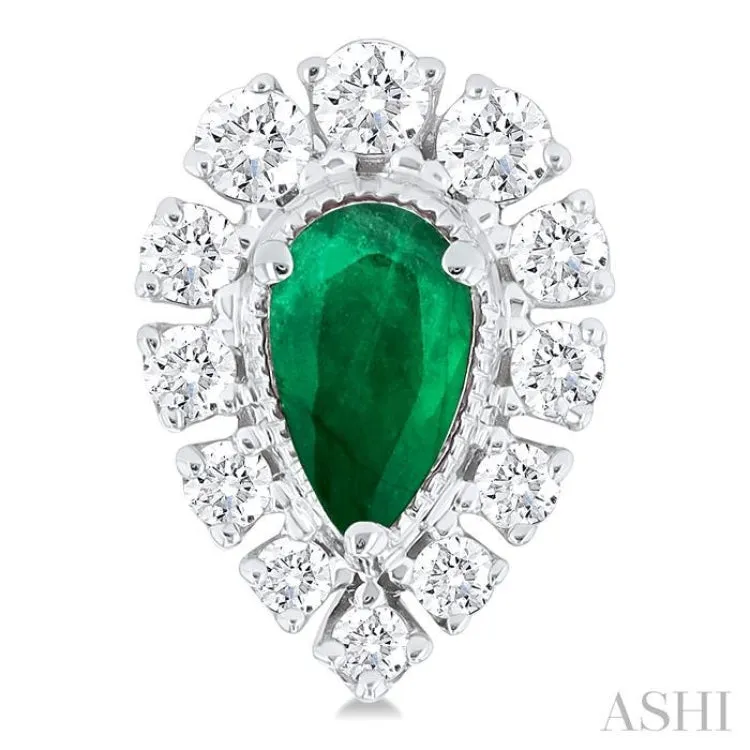 1/3 ctw Pear Cut 5x3 MM Emerald and Round Cut Diamond Precious Stud Earring in 14K White Gold