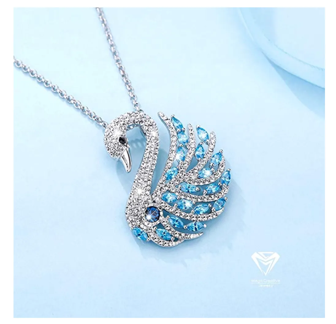 1/4 ct. Simulated Diamond Blue  Swan Necklace Swan Pendant Necklace Brooch Pin 18in.