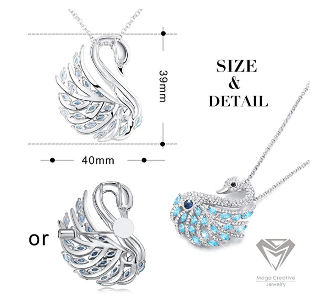 1/4 ct. Simulated Diamond Blue  Swan Necklace Swan Pendant Necklace Brooch Pin 18in.