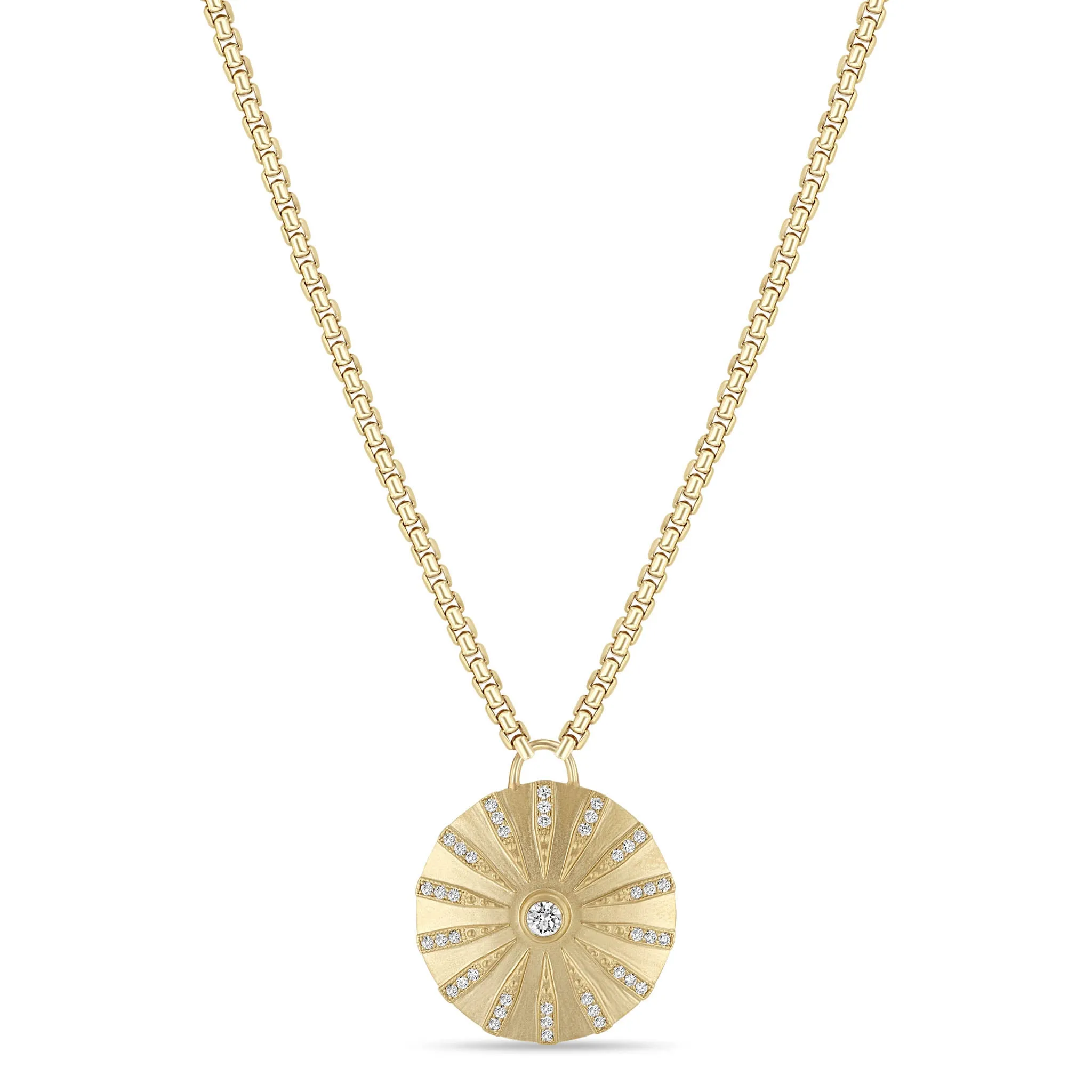 14k Brushed Gold Pavé Diamond Supernova Medallion Box Chain Necklace