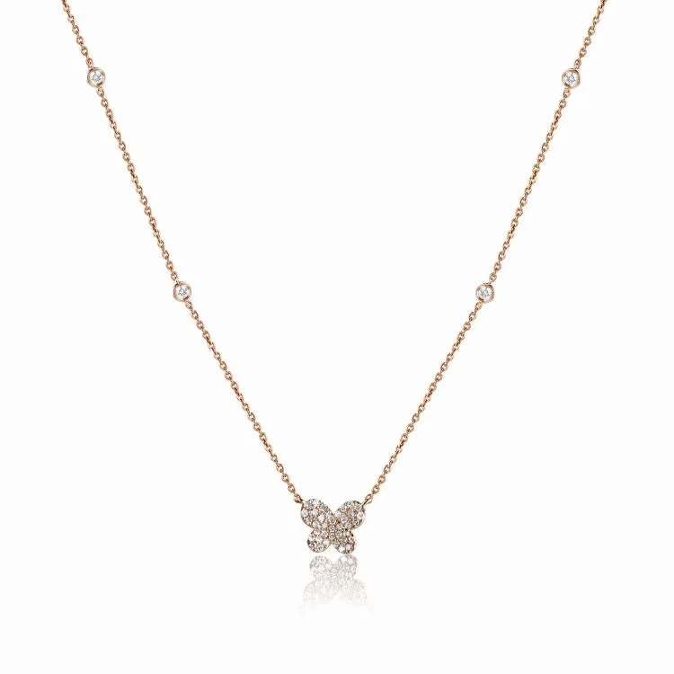 14k Gold 0.18 Ct Diamond Butterfly Station Necklace, Available in White, Rose and Yellow Gold