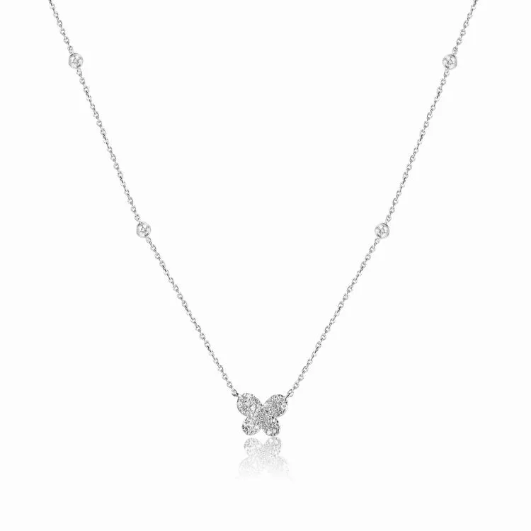 14k Gold 0.18 Ct Diamond Butterfly Station Necklace, Available in White, Rose and Yellow Gold