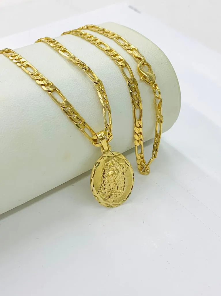 14K Gold Filled Virgen de Guadalupe Necklace Figaro Chain 24" Medalla Guadalupe 26x18