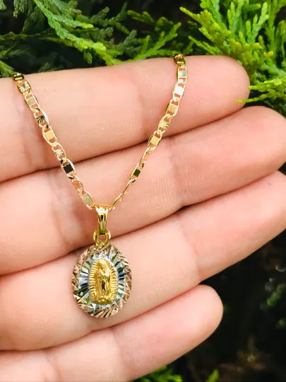 14K Gold Filled Virgen de Guadalupe Necklace Pendant Charm 20x13mm Diamlond Cut Pendant Guadalupe Charm / Cadena de Guadalupe Oro Laminado