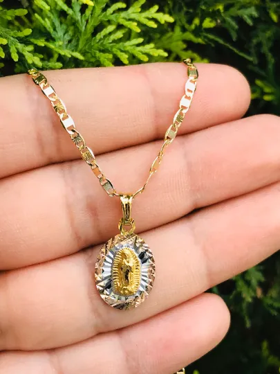 14K Gold Filled Virgen de Guadalupe Necklace Pendant Charm 20x13mm Diamlond Cut Pendant Guadalupe Charm / Cadena de Guadalupe Oro Laminado