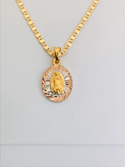 14K Gold Filled Virgen de Guadalupe Necklace Pendant Charm 20x13mm Diamlond Cut Pendant Guadalupe Charm / Cadena de Guadalupe Oro Laminado