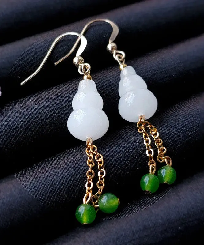 14K Gold Jade Gourd Gem Stone Tassel Drop Earrings