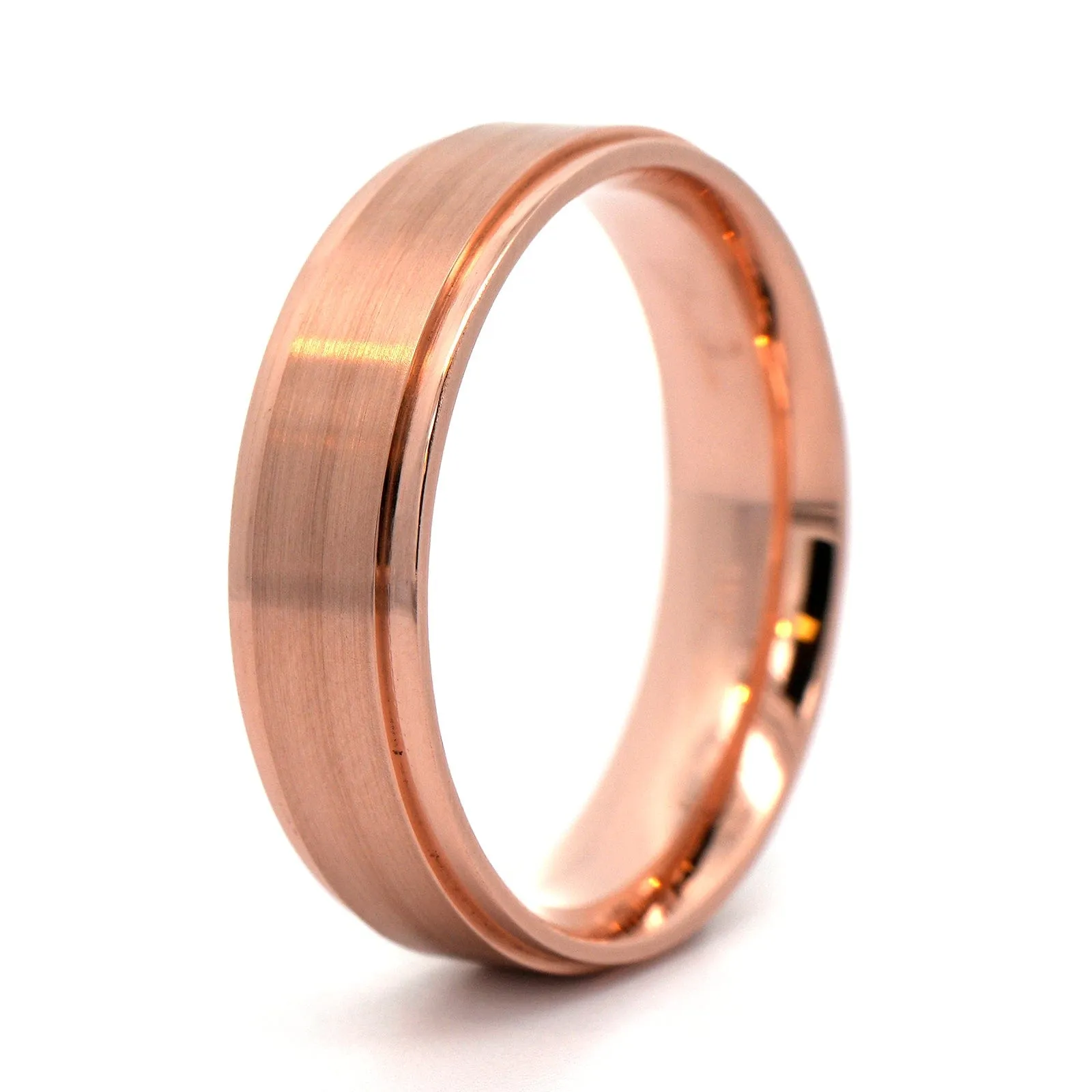 14K Rose Gold 6mm Polished Stepped Rails with Matte Finished Wedding Band