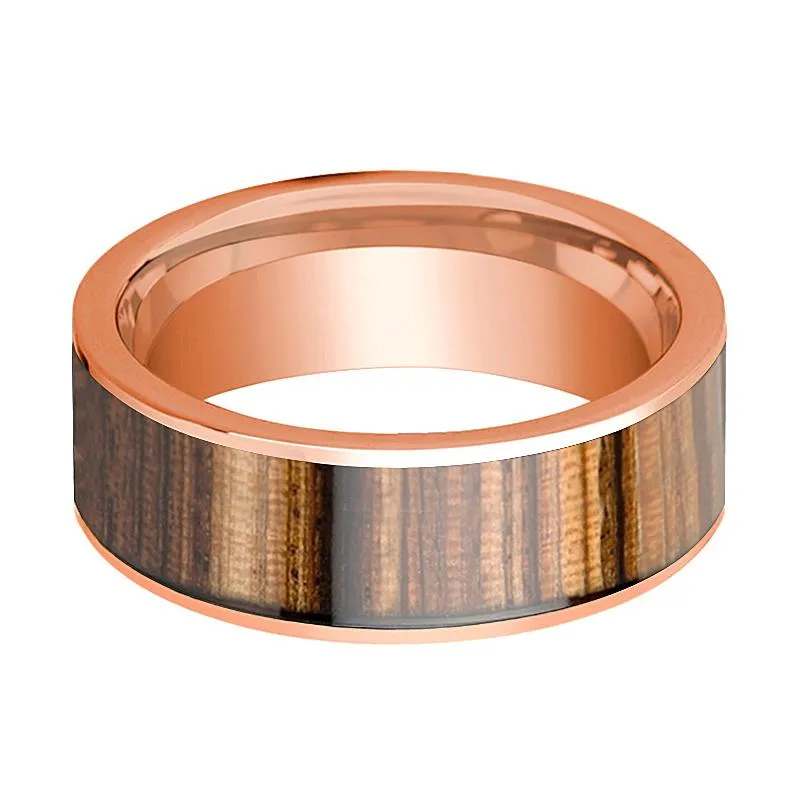 14k Rose Gold Men's Wedding Band with Zebra Wood Inlay Flat Polished - 8MM