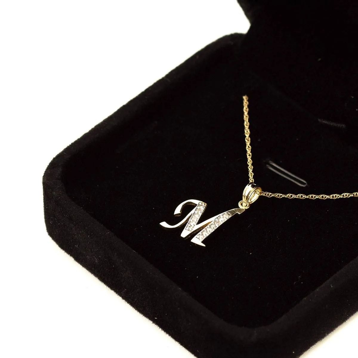 14K Solid Yellow Gold Necklace w/ Natural Diamonds Initial 'm' Pendant