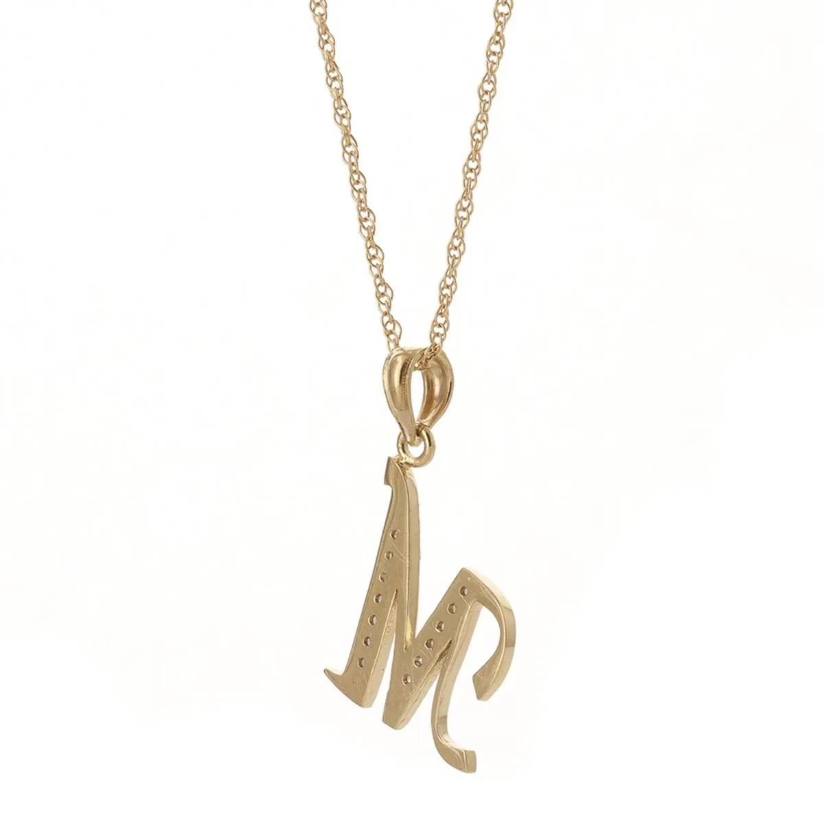 14K Solid Yellow Gold Necklace w/ Natural Diamonds Initial 'm' Pendant