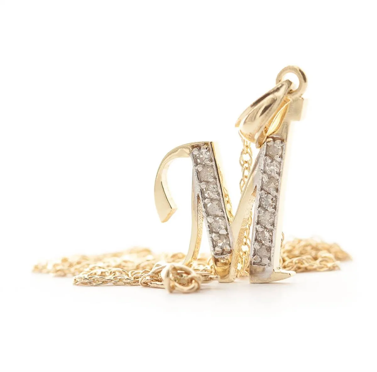 14K Solid Yellow Gold Necklace w/ Natural Diamonds Initial 'm' Pendant