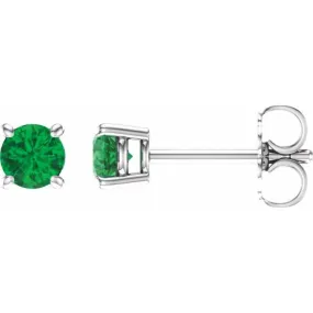 14K White 4 mm Lab-Grown Emerald Stud Earrings