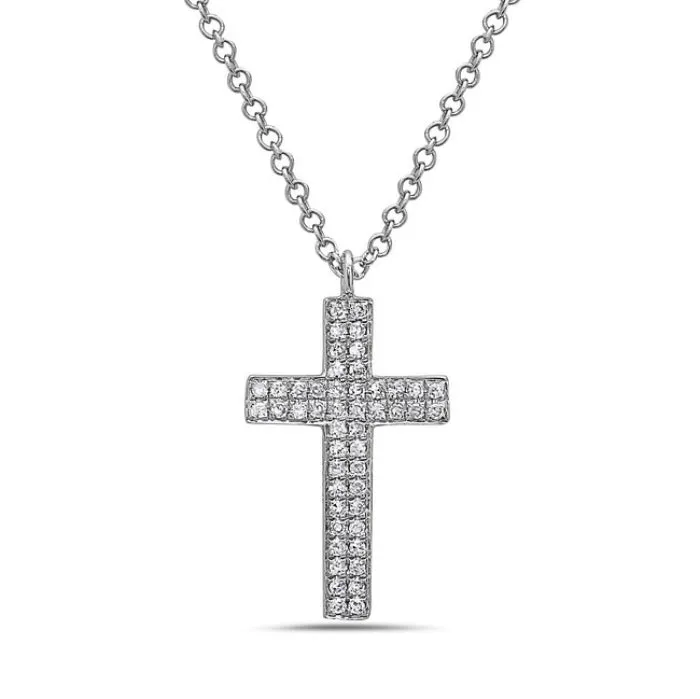 14K White Gold 2 Row Diamond Cross Necklace