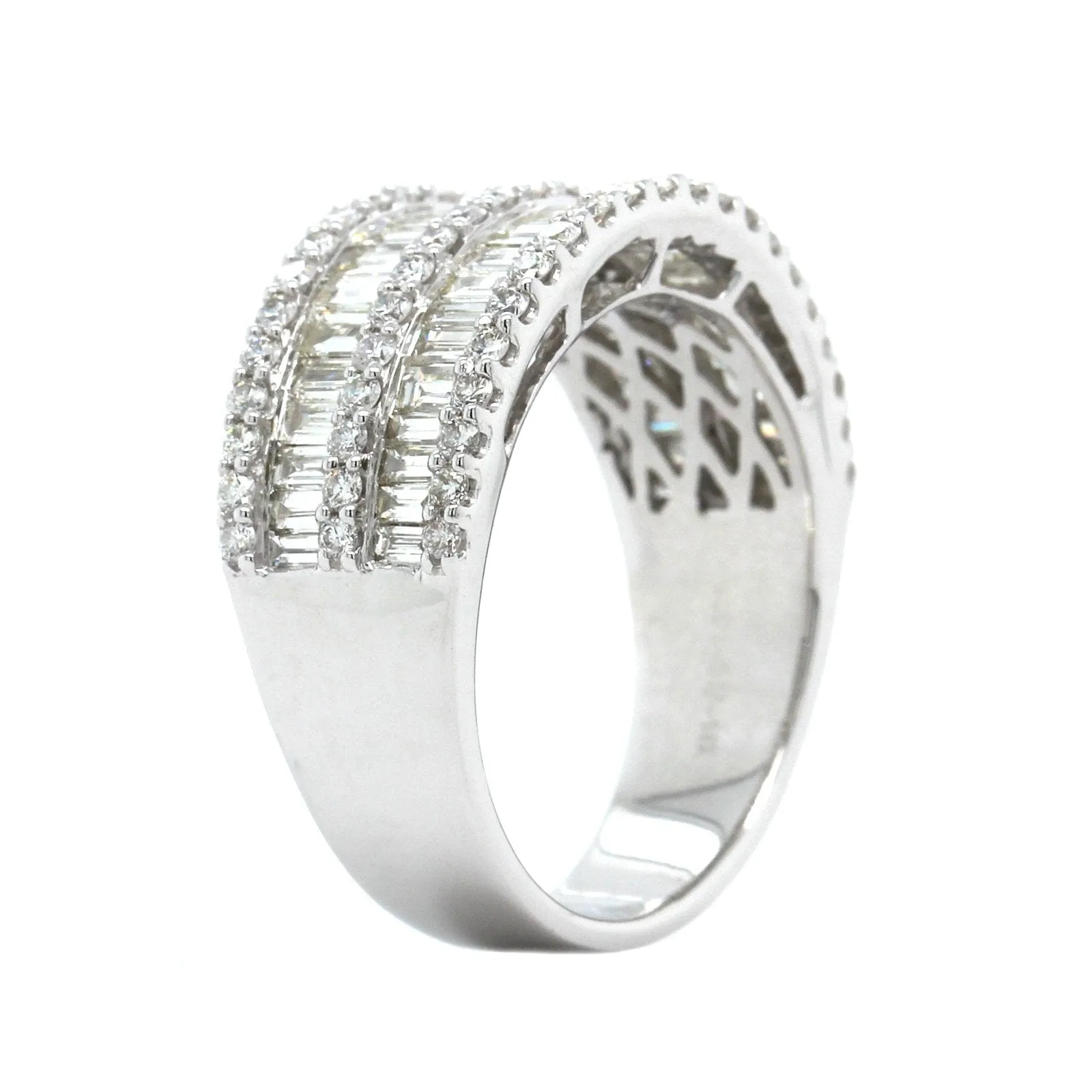 14K White Gold 5 Row Baguette and Round Diamond Band