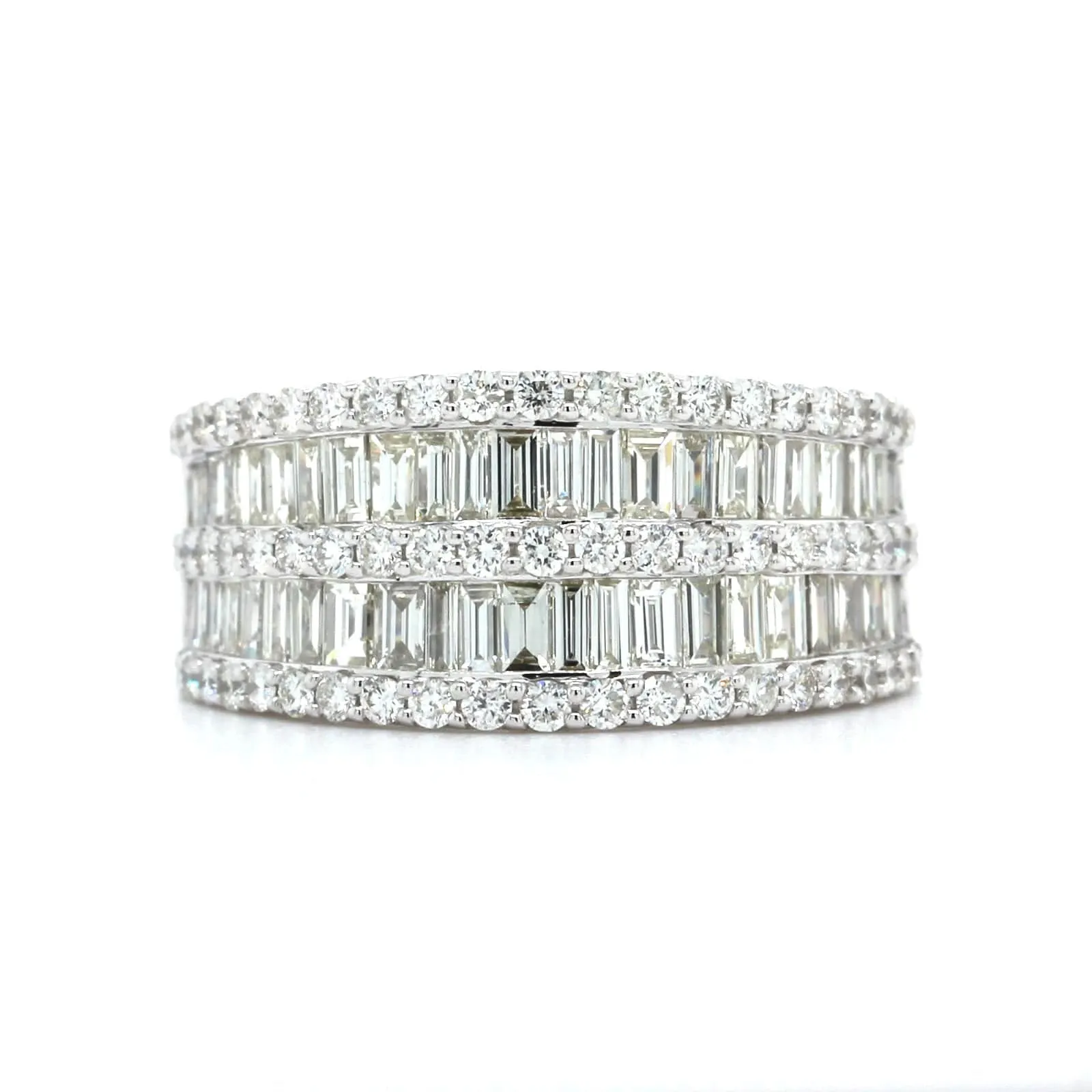 14K White Gold 5 Row Baguette and Round Diamond Band