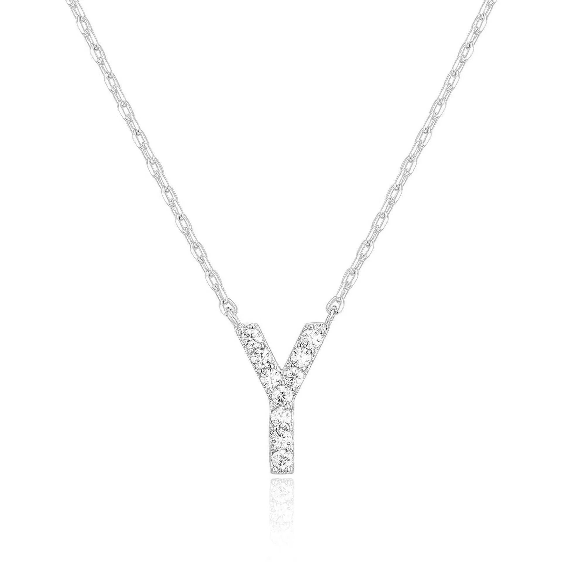 14k White Gold Created Diamond Initial Y Letter Pendant Necklace Plated