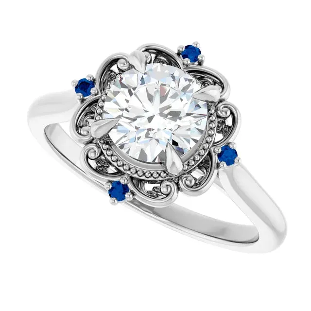 14K White Gold Lab-Grown  Blue Sapphire Floral Wedding Band