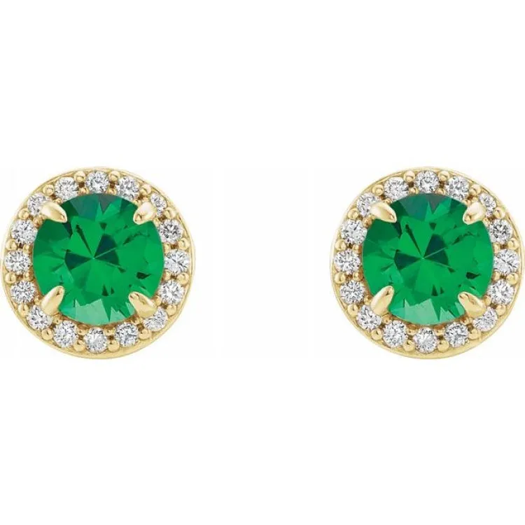 14K Yellow 4.5 mm Lab-Grown Emerald & 1/6 CTW Natural Diamond Earrings