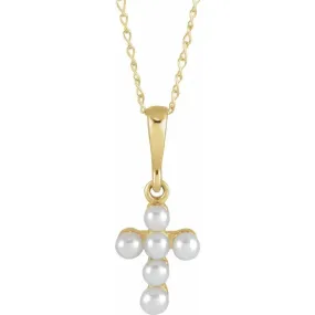 14K Yellow Gold Cultured White Seed Pearl Youth Cross 16" Necklace