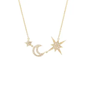 14K Yellow Gold Star/Moon Single Micro Pave Diamond Necklace