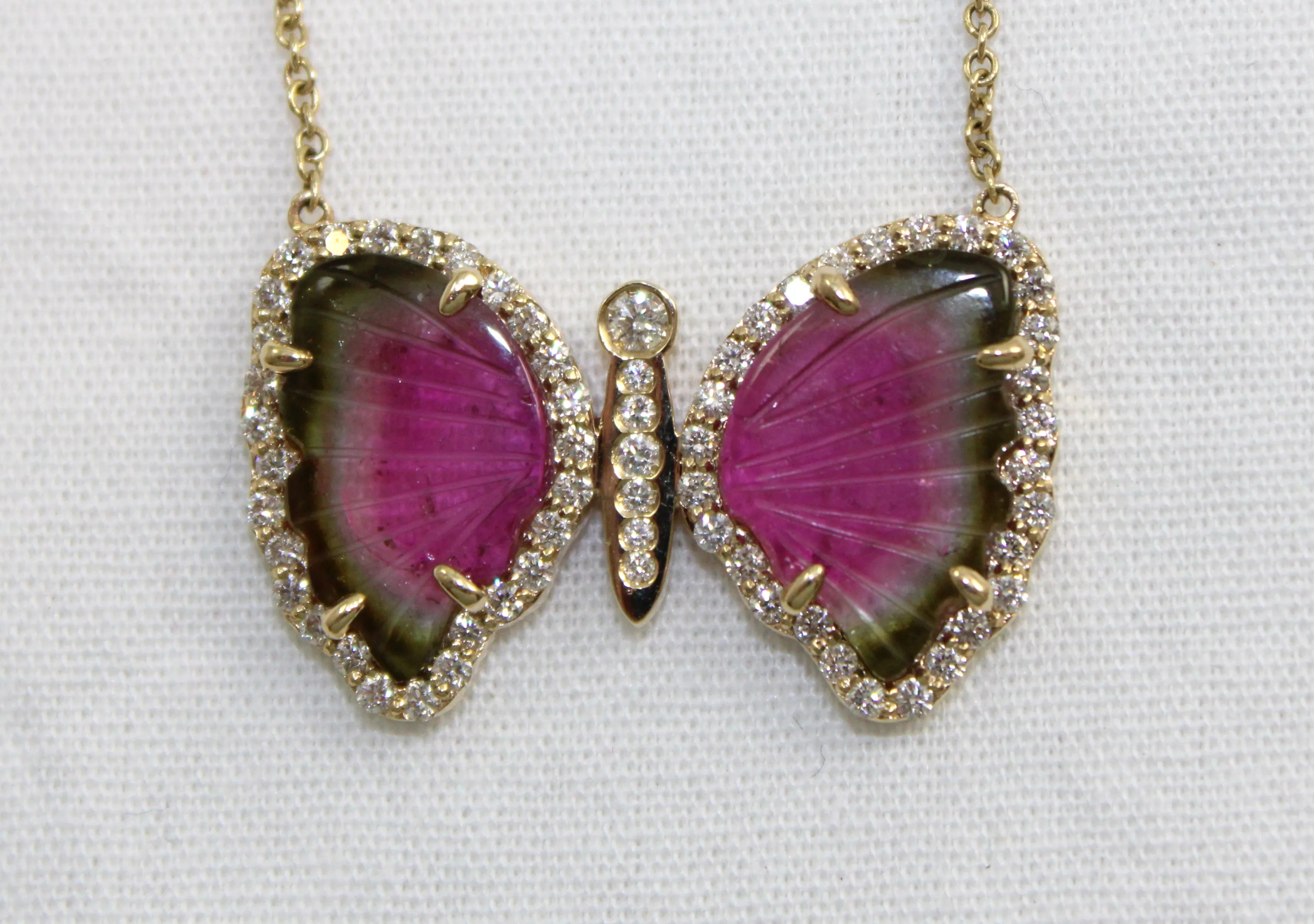 14K Yellow Gold Tourmaline Slice & Diamond Butterfly Necklace