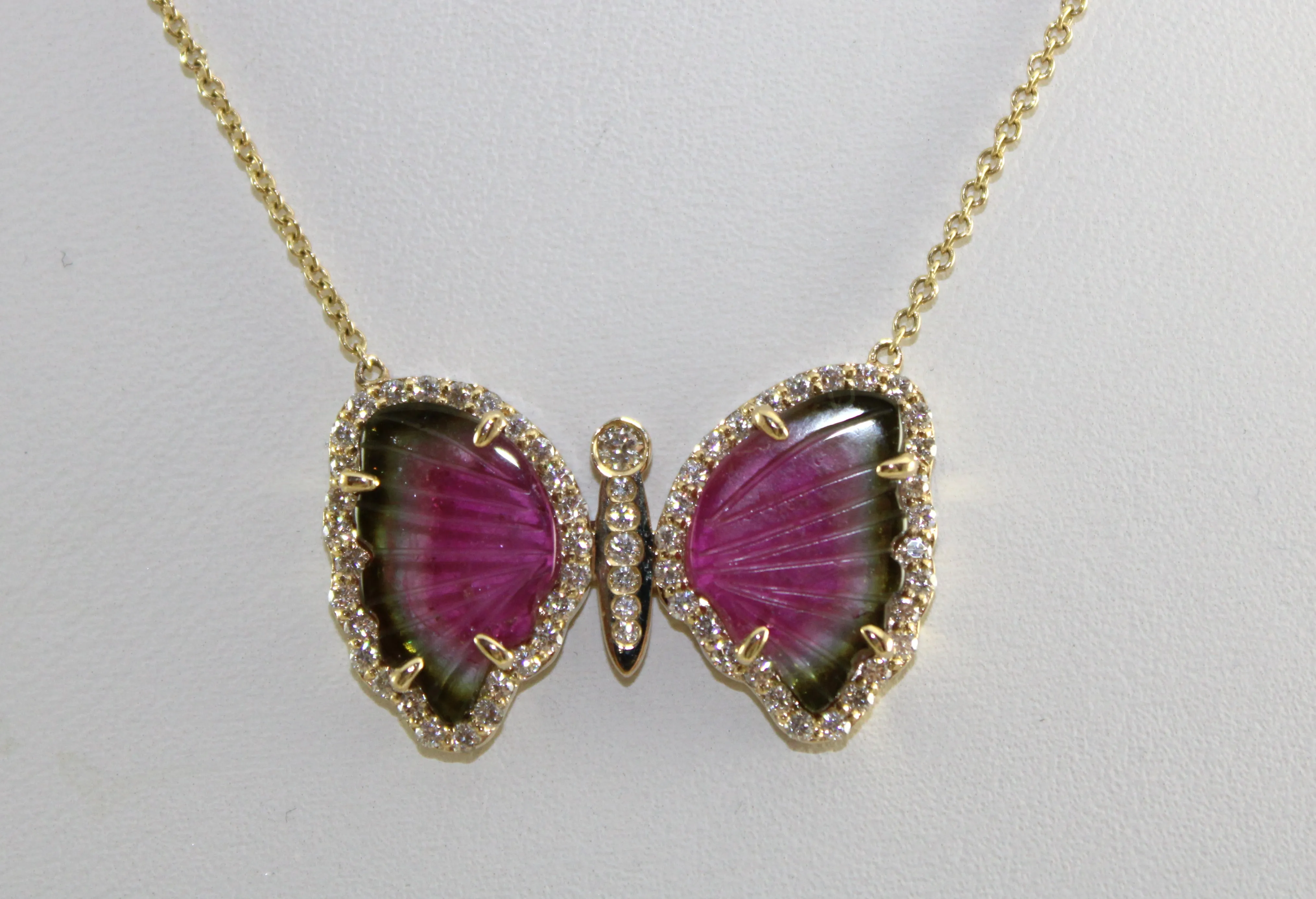 14K Yellow Gold Tourmaline Slice & Diamond Butterfly Necklace