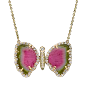 14K Yellow Gold Tourmaline Slice & Diamond Butterfly Necklace