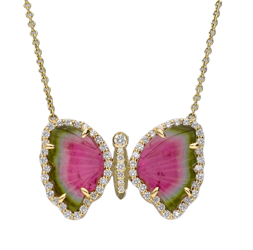 14K Yellow Gold Tourmaline Slice & Diamond Butterfly Necklace