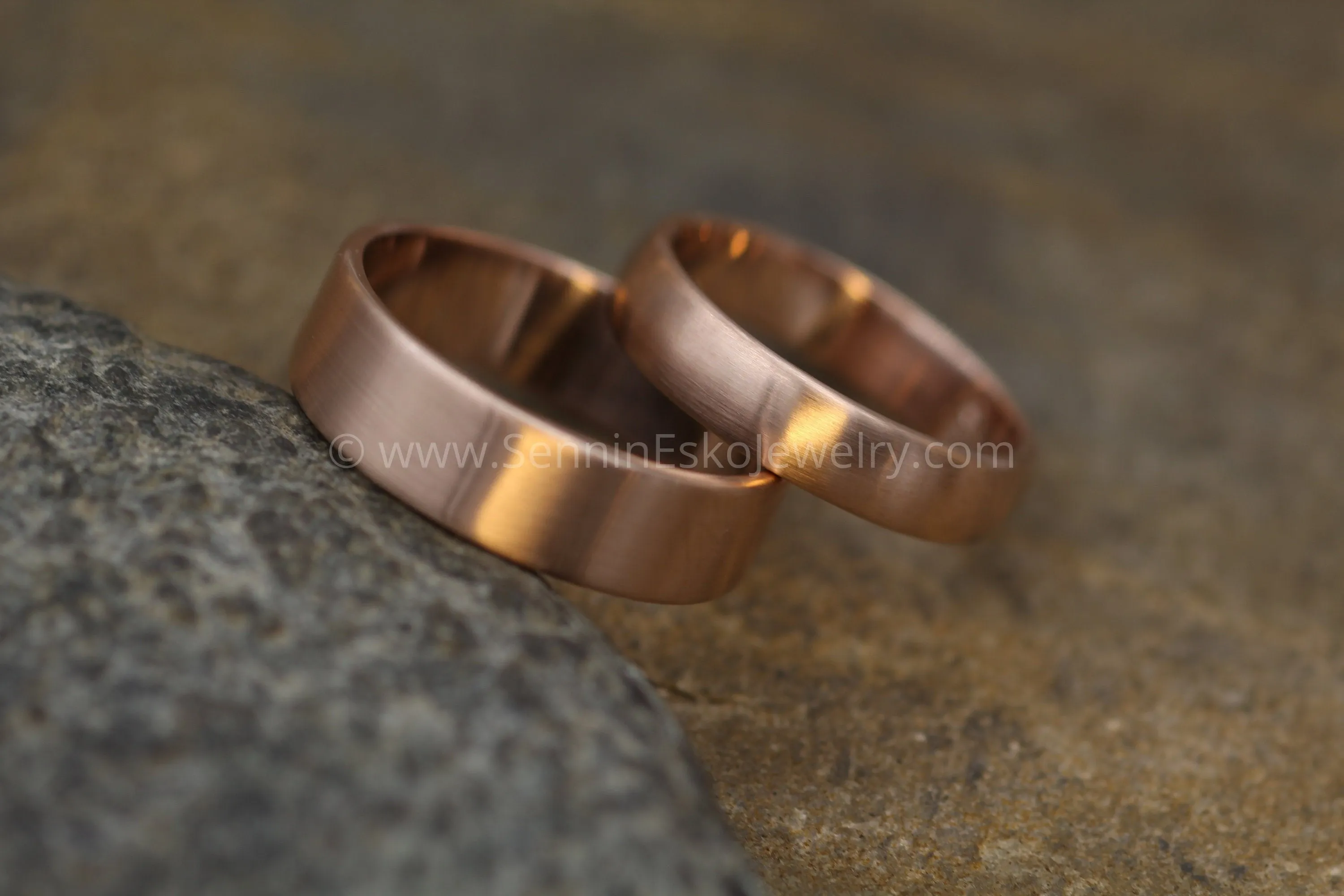 14kt Rose Gold 6x1.2mm Flat & 4.5x1.4mm Half Round Matte Rose Gold Wedding Band SET