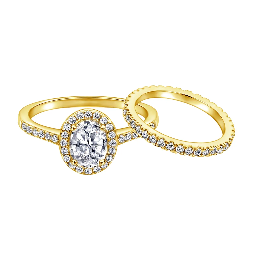 1.5 Carat Oval Halo Engagement & Wedding Bridal Set 2 Rings - Gold