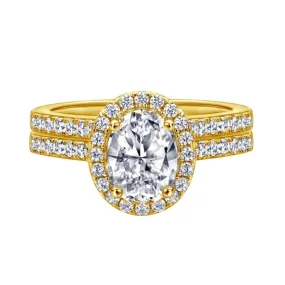 1.5 Carat Oval Halo Engagement & Wedding Bridal Set 2 Rings - Gold