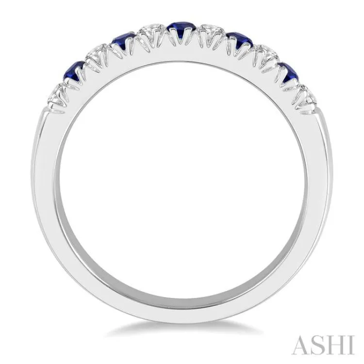 1/5 ctw Round Cut Diamond and 2MM Sapphire Precious Wedding Band in 14K White Gold