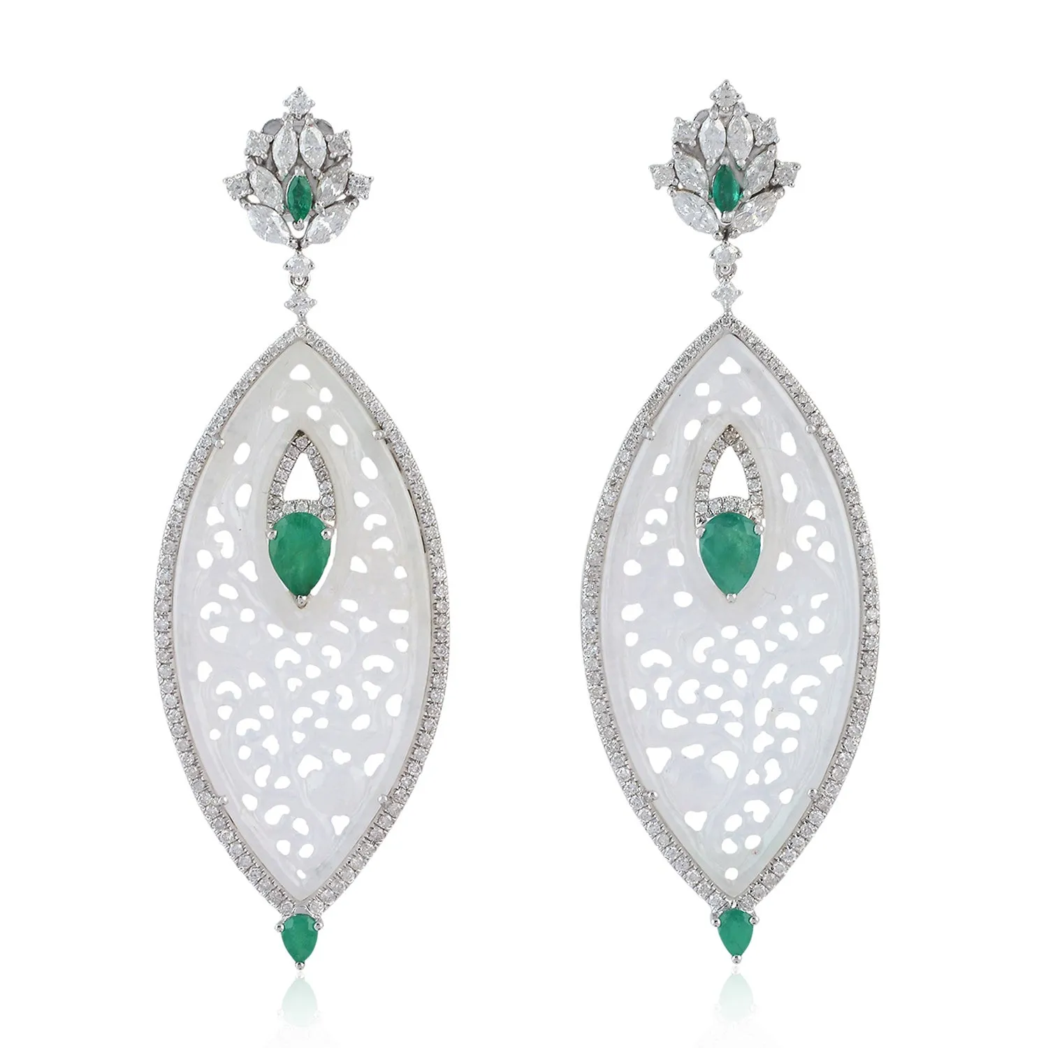 18k White Gold Carving Jade Diamond Marquise Shaped Emerald Dangle Earrings Jewelry