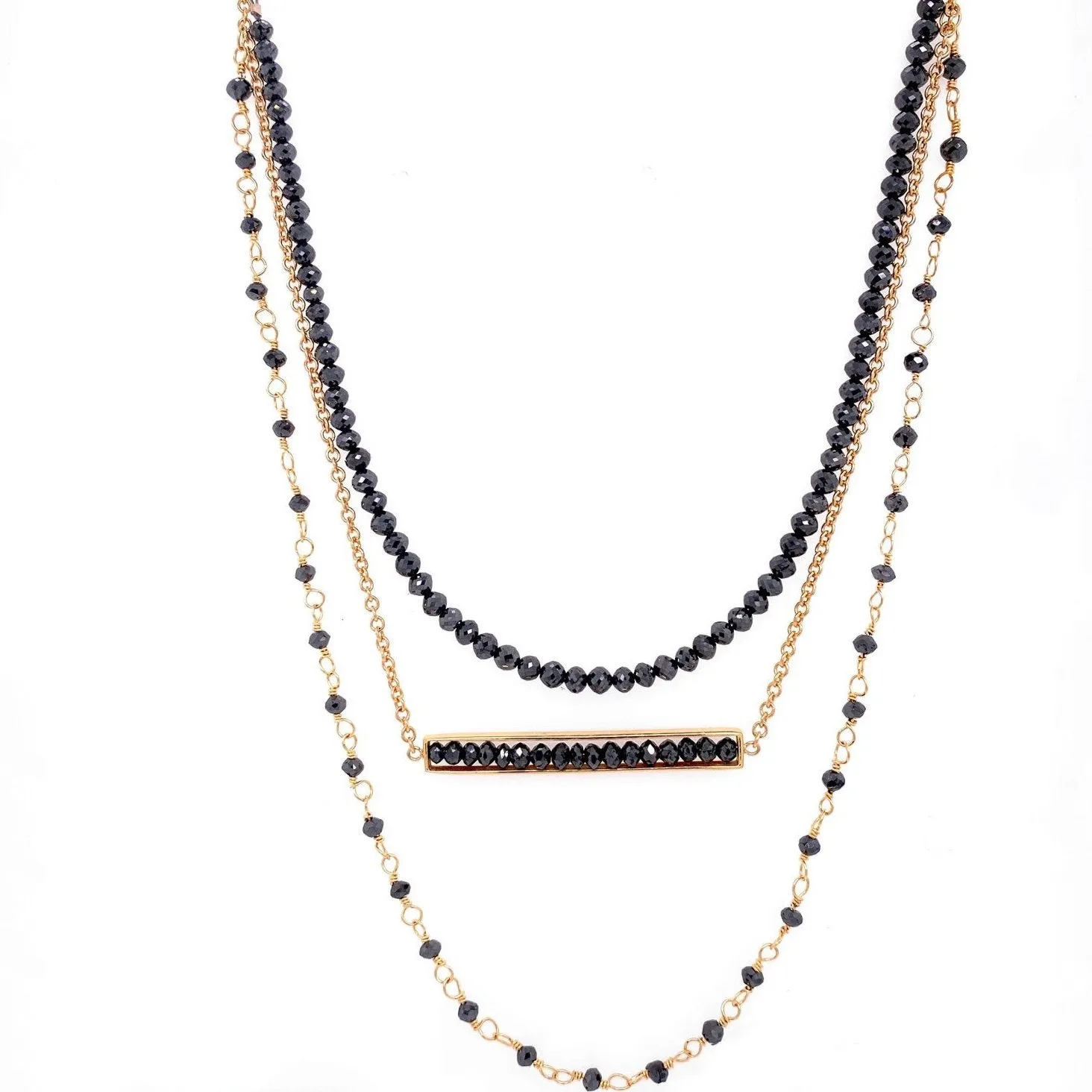 18k Yellow Gold Black Diamond Triple Layered Necklace