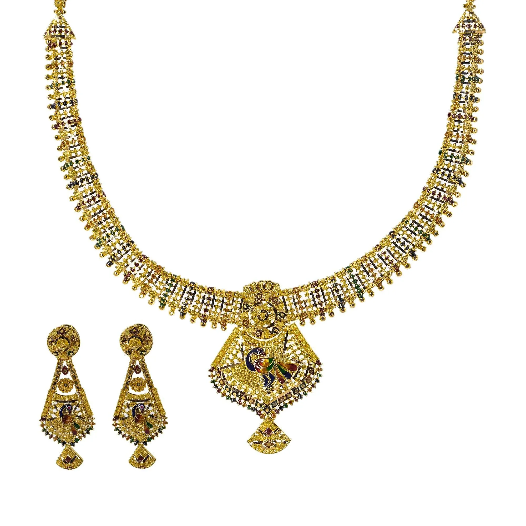 22K Yellow Gold Meenakari Necklace Set W/ Abstract Peacock Pendants