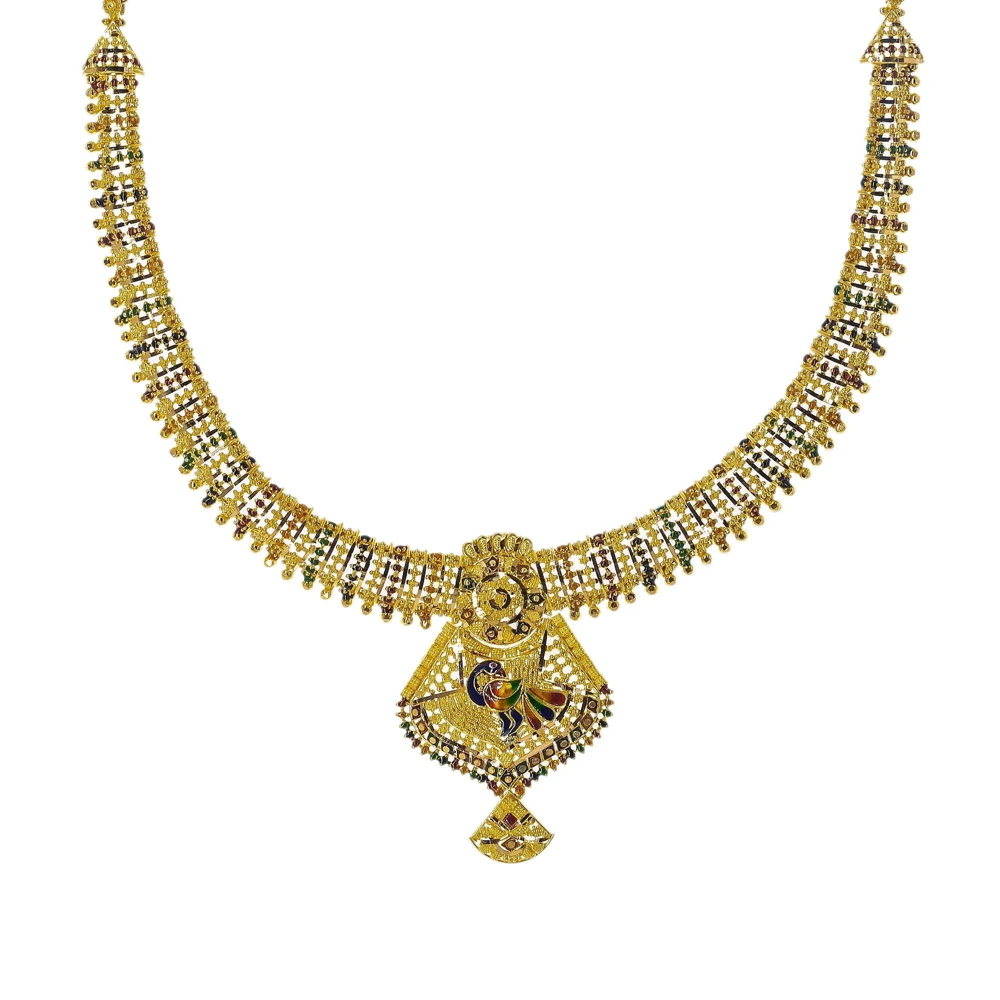 22K Yellow Gold Meenakari Necklace Set W/ Abstract Peacock Pendants