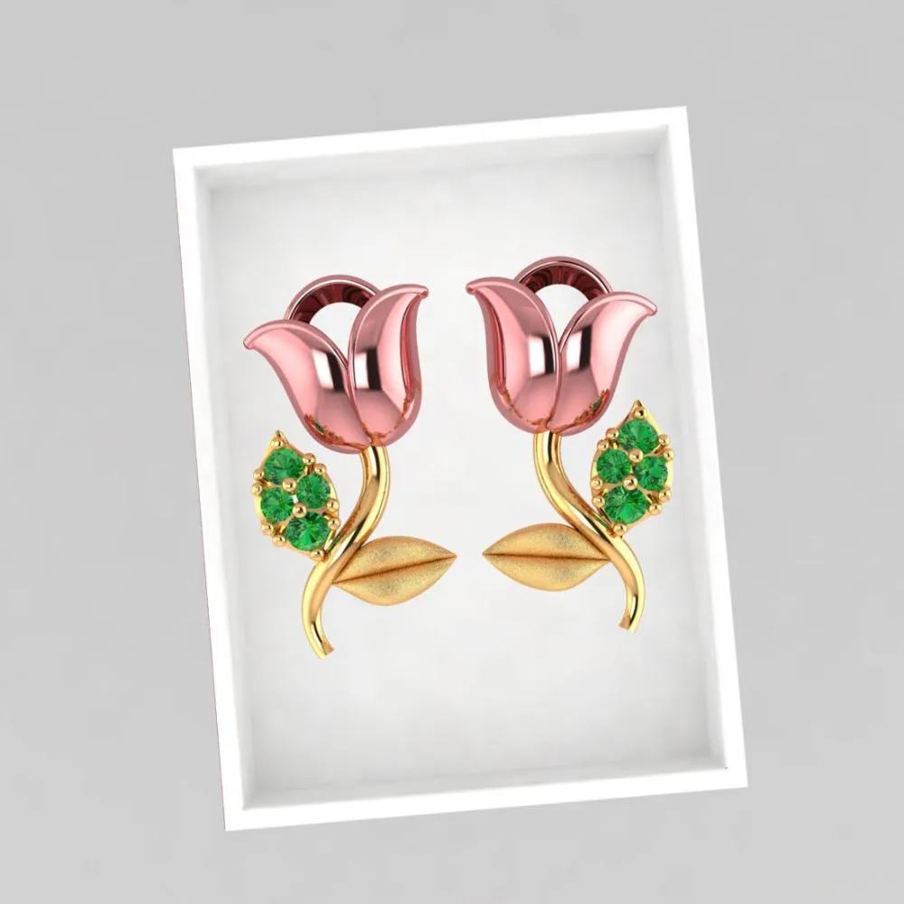 22k Yellow With Green Stone Stud Gold Earrings