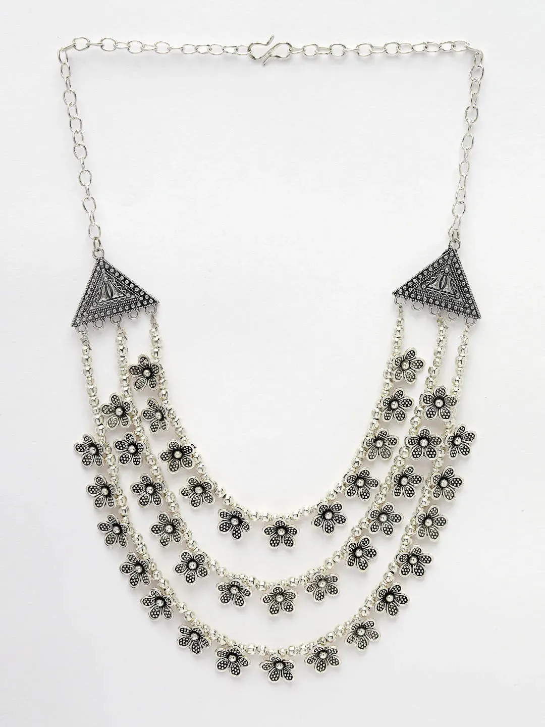 3 Layered Floral Shape Artificial Beads German Silver Oxidised Necklace