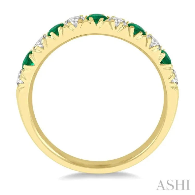 3/8 ctw Round Cut Diamond and 2.6MM Emerald Precious Wedding Band in 14K Yellow Gold