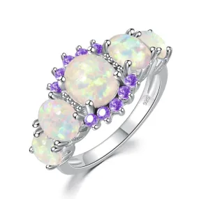 5 Colors Luxe Fire Opal Ring Silver Plated Oval Round Stone Blue Full Crystal Finger Ring  for Women