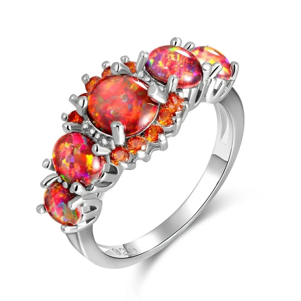 5 Colors Luxe Fire Opal Ring Silver Plated Oval Round Stone Blue Full Crystal Finger Ring  for Women