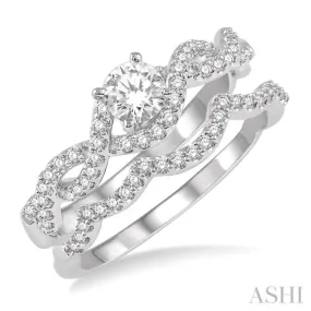 5/8 Ctw Diamond Wedding Set With 1/2 ct Round Diamond Engagement Ring and 1/10 ct Wavy Wedding Band in 14K White Gold