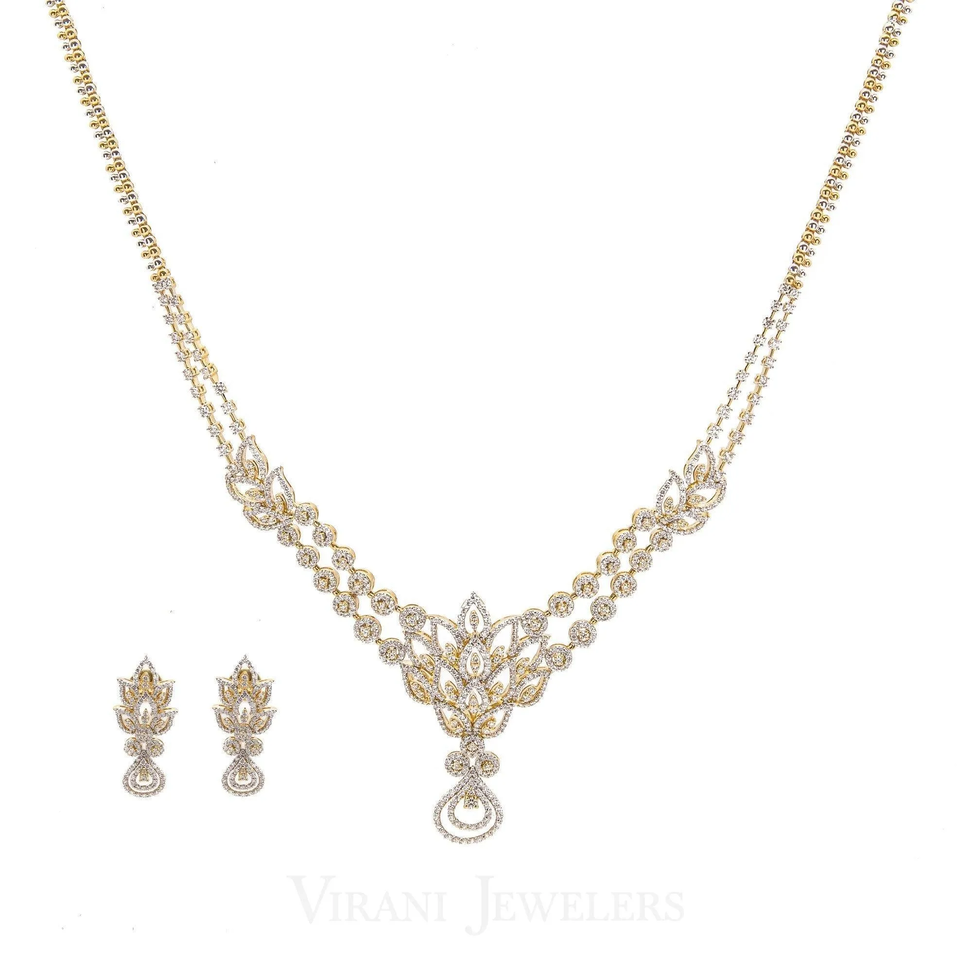 6.45CT Round Brilliant Diamond Necklace and Earrings Set in 18K Yellow Gold with Leaf Shape