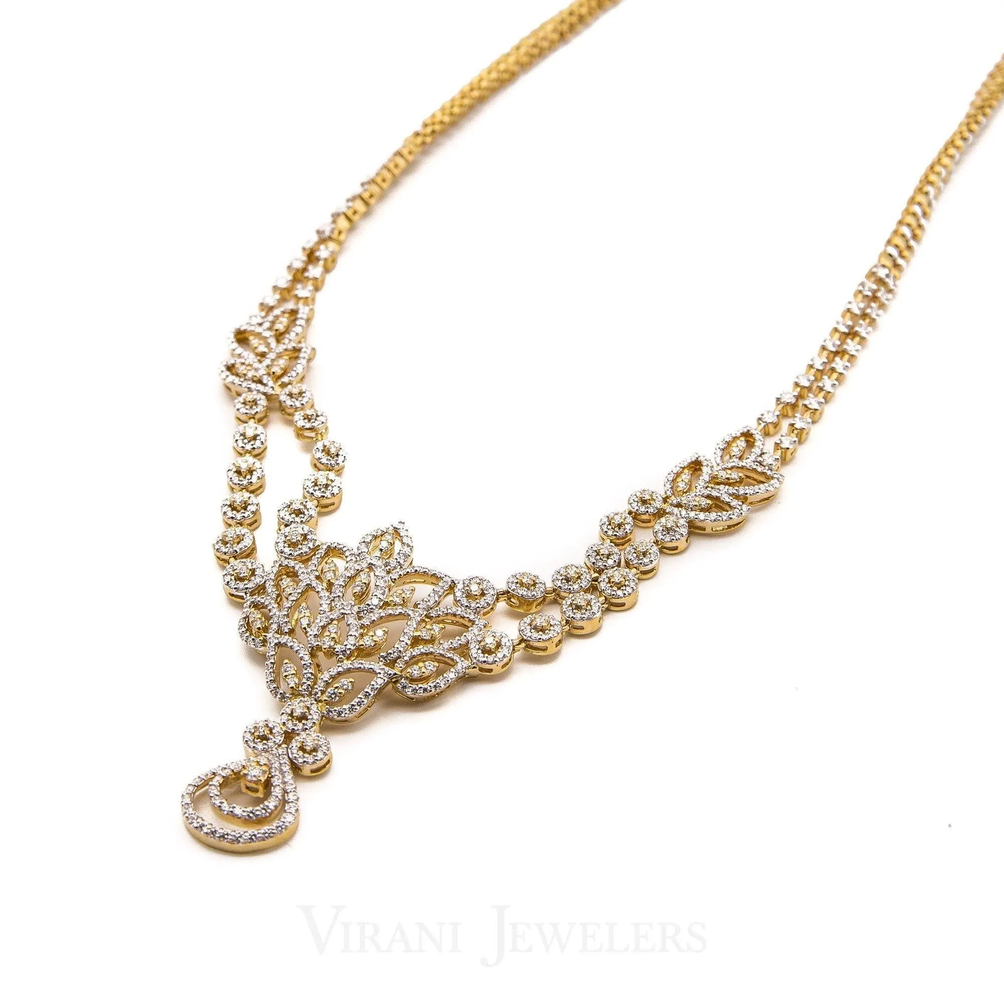 6.45CT Round Brilliant Diamond Necklace and Earrings Set in 18K Yellow Gold with Leaf Shape