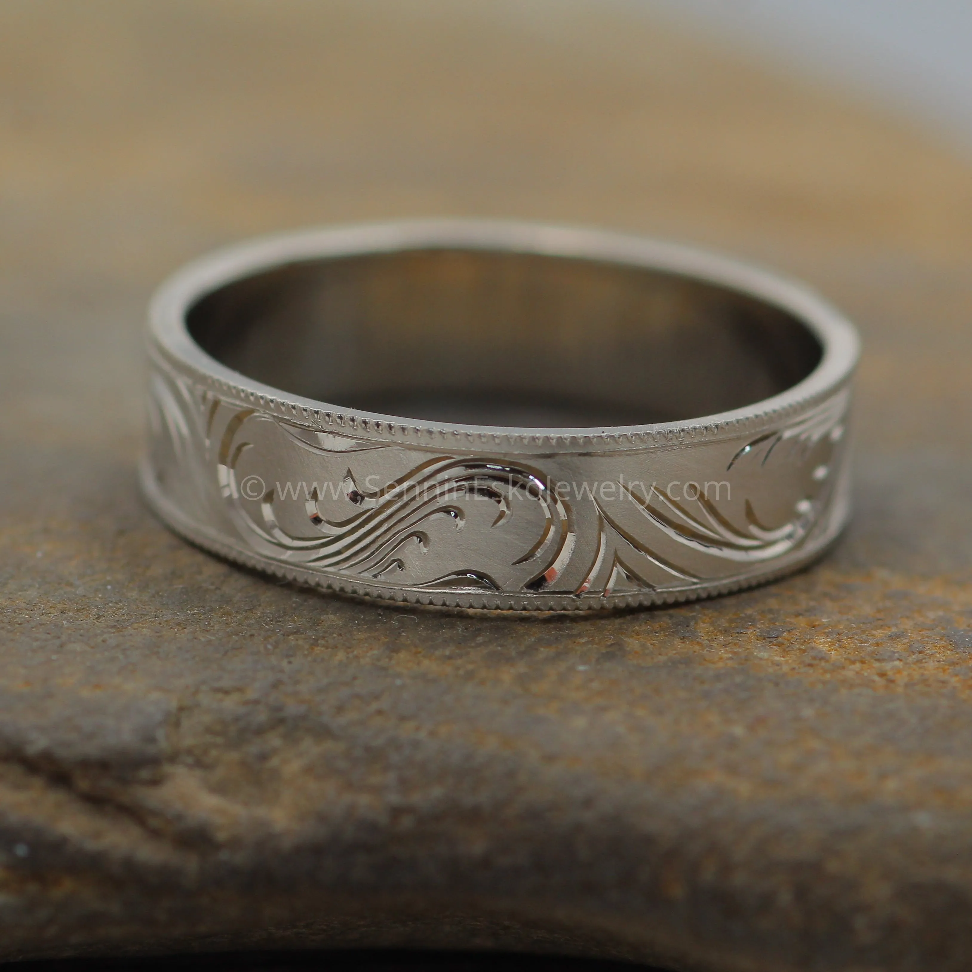 6x1mm Branches and Leaves Variation 2 14kt White Gold Bright Cut Engraved Band