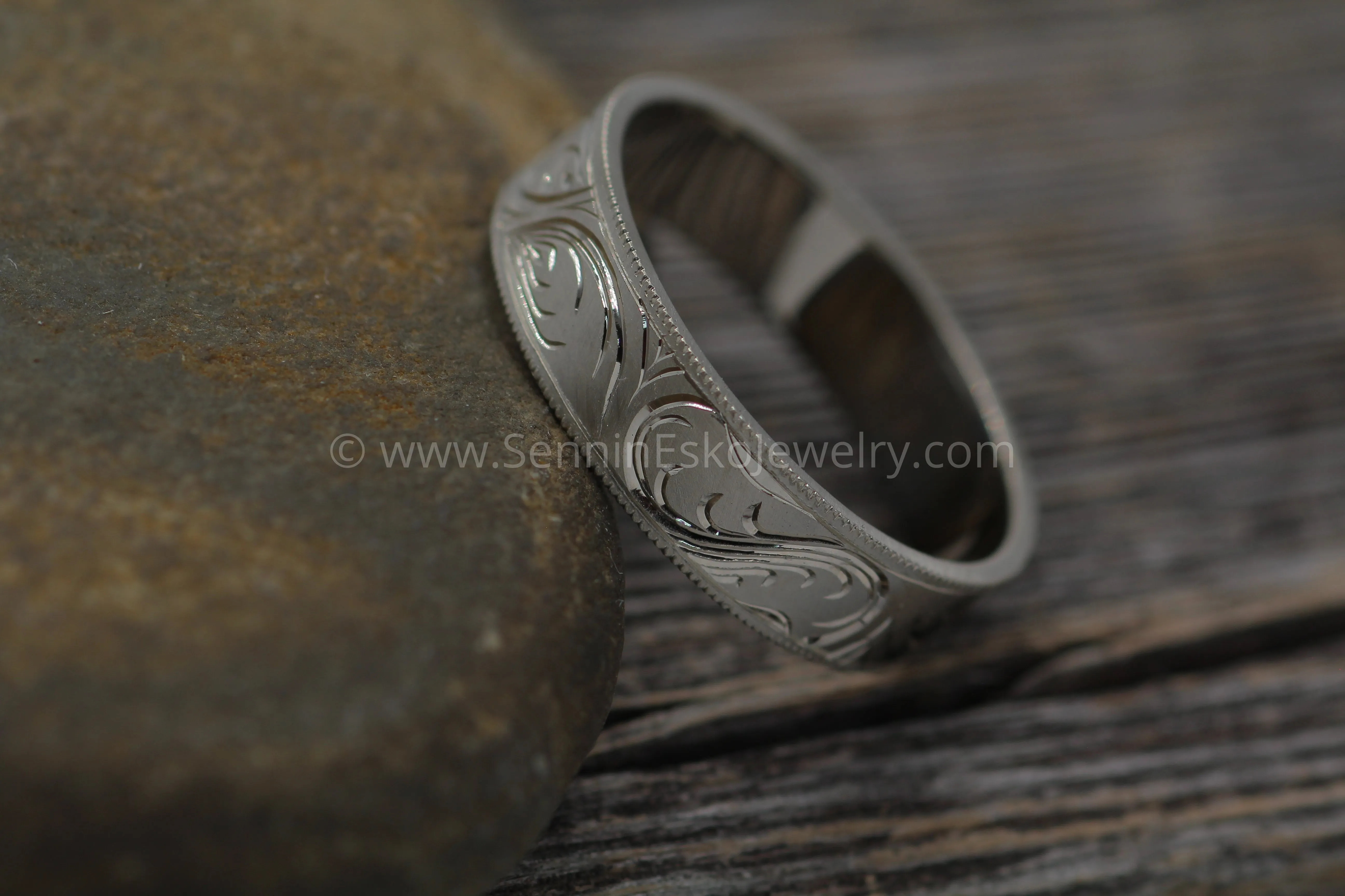 6x1mm Branches and Leaves Variation 2 14kt White Gold Bright Cut Engraved Band