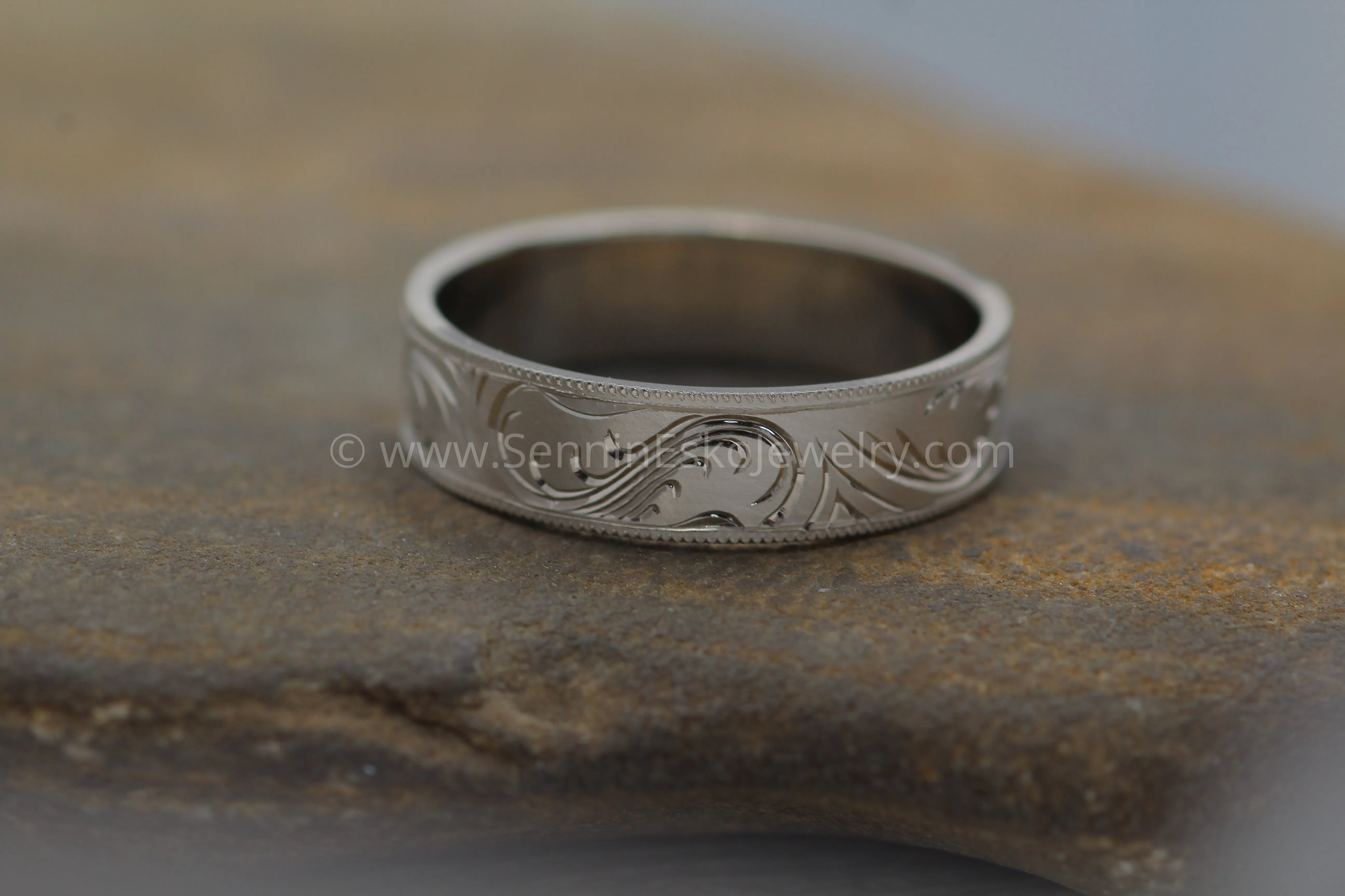 6x1mm Branches and Leaves Variation 2 14kt White Gold Bright Cut Engraved Band