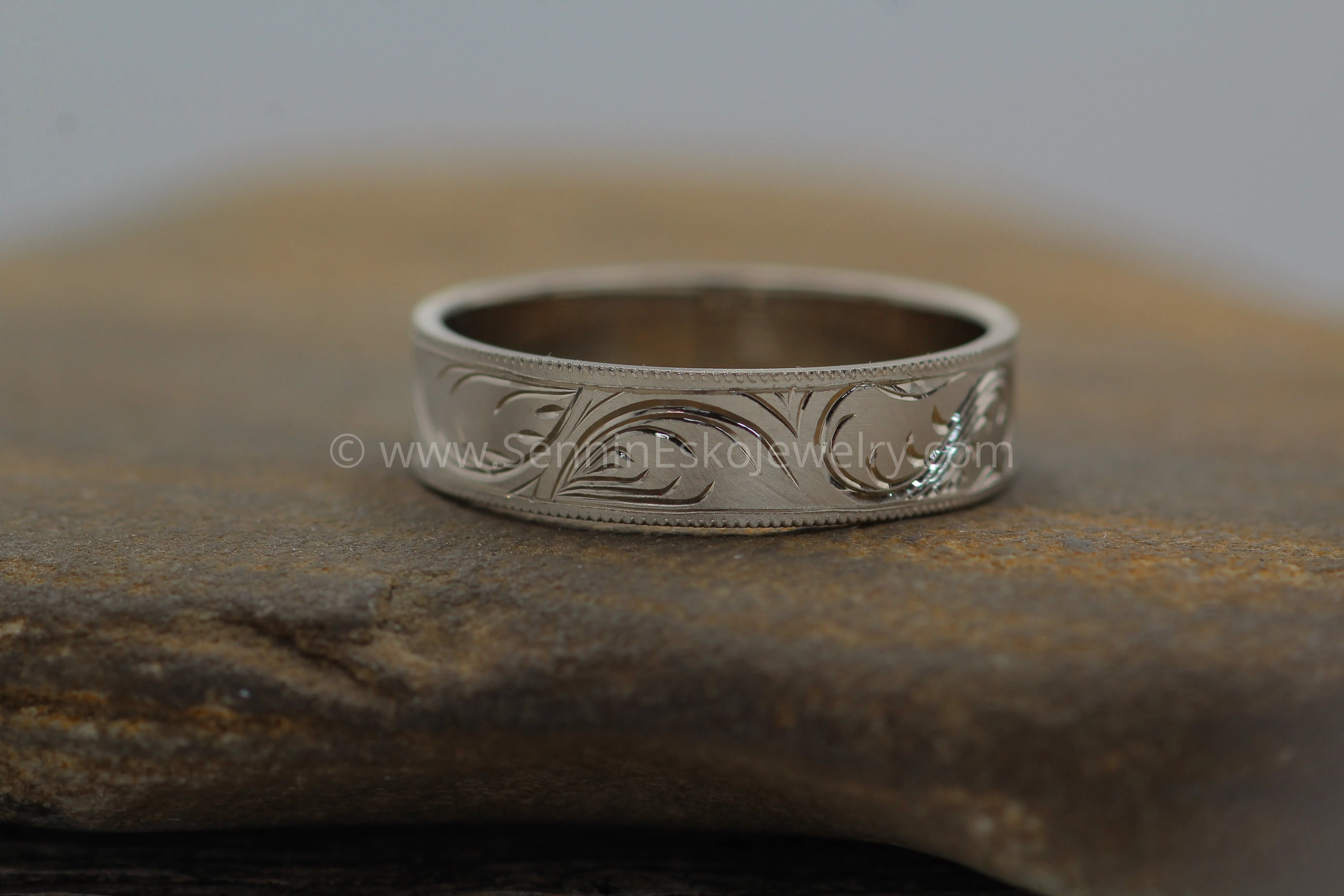 6x1mm Branches and Leaves Variation 2 14kt White Gold Bright Cut Engraved Band